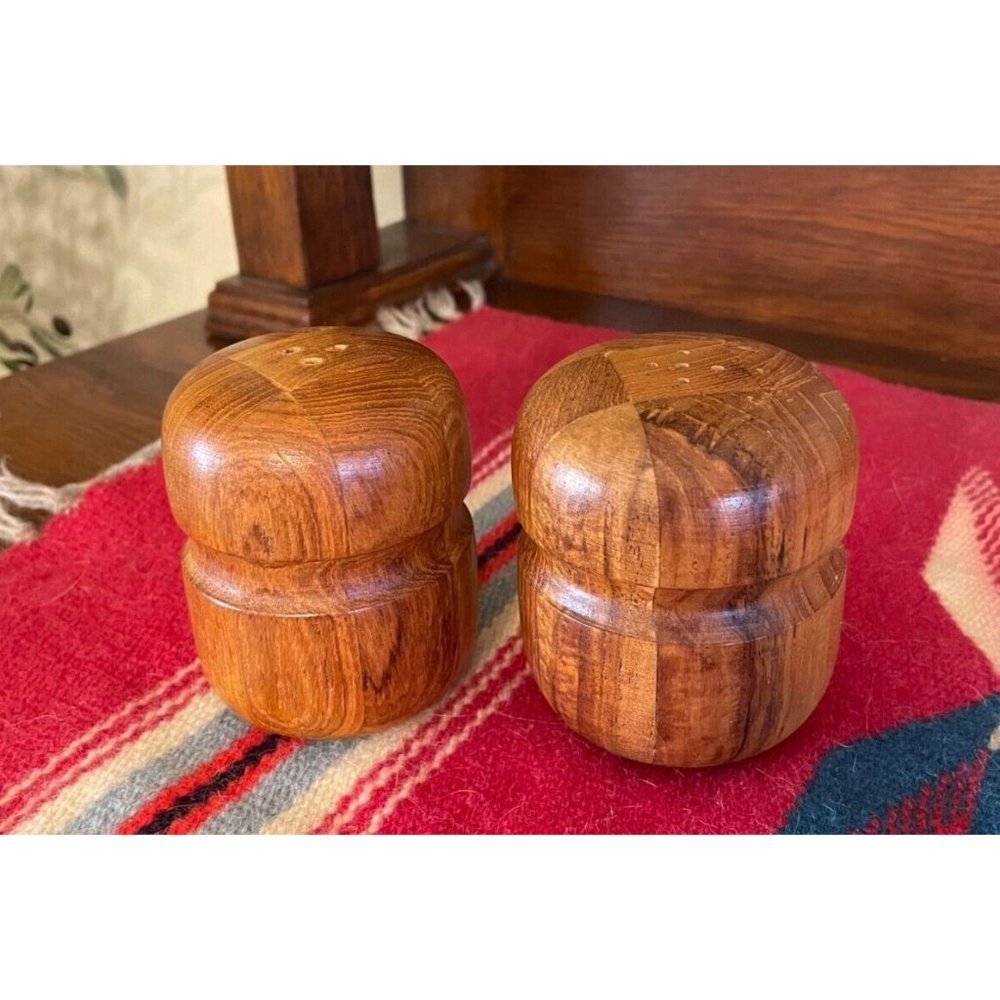 Vintage Mid-Century Modern Segmented Wood SALT & PEPPER Shakers FREE BONUS